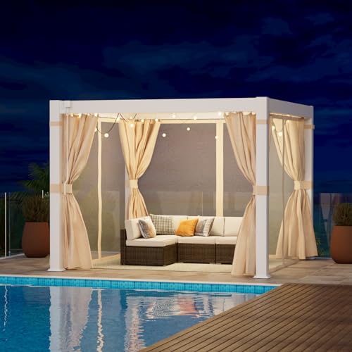 COSIEST 10'×10' Louvered Aluminum Pergola with Adjustable Roof, Netting & Curtains White