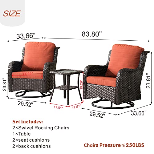 Generic Outdoor Furniture Set 3 Pieces Swivel Rocking Chairs Rattan Wicker Bistro Set with Side Table Orange Red