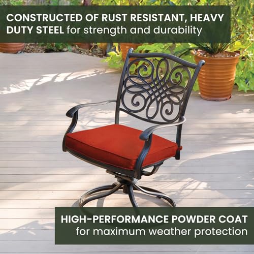 Hanover Traditions 11-Piece Modern Outdoor Dining Set with Rust Resistant Cast Aluminum Table and 10 Red Swivel Rocker Chairs