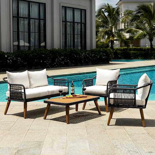 IDZO Serene Outdoor Conversation Set 4 Pieces FSC Certified Acacia Wood with Soft Cushions Cream Opal