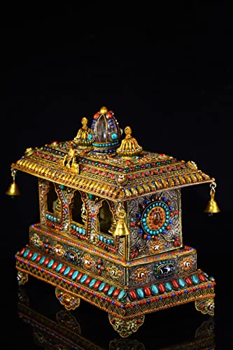 Generic 14" Tibetan Temple Collection Silver Gilt Gem Dzi Beads Wind Chimes Buddha Statue Four-Armed Guanyin Exorcism 1