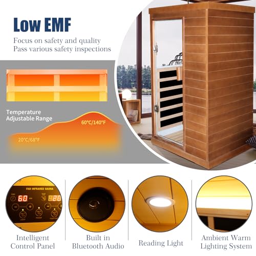 OUTEXER Far Infrared Sauna Home Spa Low-EMF Canadian Hemlock Wood 800W Red 35.2*27.6*61.6Inch