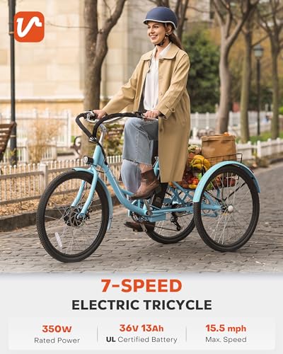 Viribus 26" Electric Tricycle for Adults, 7 Speed Electric Trike with 350W Motor UL Certified 36V 13Ah Battery, Aqua