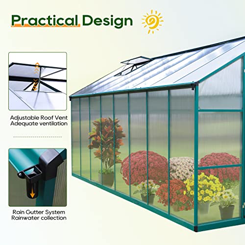 ONLYCTR 8'x16' Green Polycarbonate Walk-In Greenhouse with Roof Vent