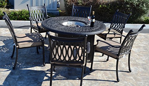 theWorldofpatio Grand Tuscany 7pc Outdoor Patio Dining Set with 52" Round Firegas Table and Sunbrella Cushions Antique Bronze