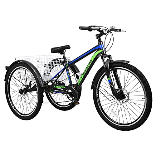 NAIZEA Adult Mountain Tricycle 7 Speed Three Wheel Cruiser Bike 24/26/27.5 Inch Trikes with Shopping Basket Black Blue Green