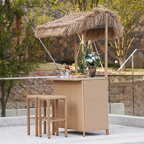 Grand Patio Outdoor Tiki Bar Set with Widen Ceramic Top, Phuket 3-Piece Wicker Islander Tiki Bar and 2 Stools, Tan