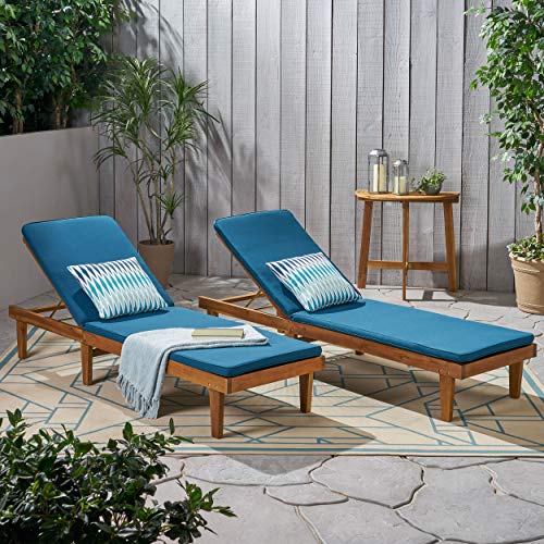 Christopher Knight Home Madge Outdoor Chaise Lounge with Cushion Set of 2 Teak Finish Blue