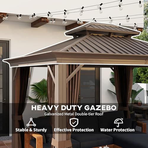 Outsunny 10' x 12' Hardtop Gazebo with Curtains and Netting Coffee