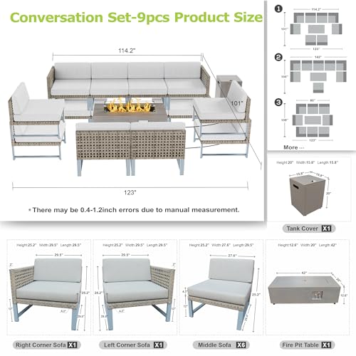 SUNPEAK Outdoor Patio Furniture Set with Sectional Couch and Fire Pit Table Light Brown Wicker 9 pcs