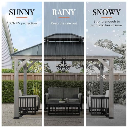 Sunjoy 10x12 ft. Wood Gazebo Outdoor Patio Cedar Framed Steel Hardtop Black + Gray Wood