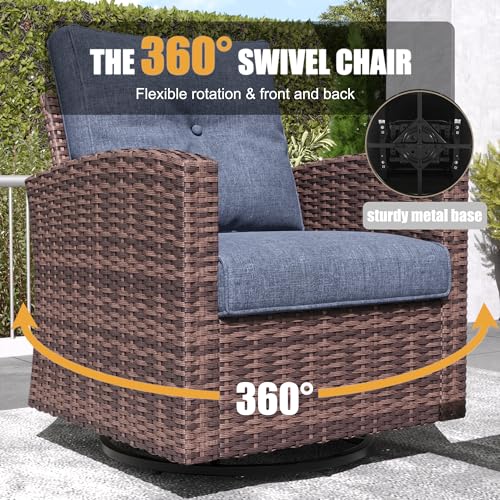 LayinSun 7-Piece Patio Furniture Set with Swivel Chairs and Fire Pit Table Brown/Navy Blue