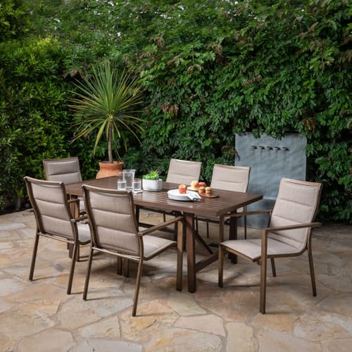 Hanover Fairhope 7-Piece Outdoor Dining Set with 6 Padded Sling Chairs and Trestle Table Tan