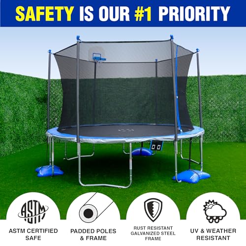 TruJump 12 FT Outdoor Trampoline with Basketball Hoop & Safety Net Blue