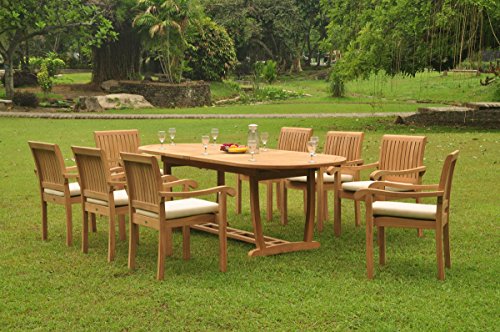 WholesaleTeakFurniture Grade-A Teak Wood 9 Pc Dining Set with 94" Oval Table and 8 Napa Stacking Arm Chairs