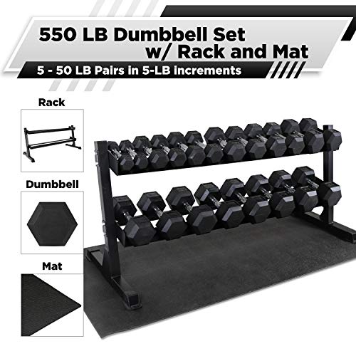 WF Athletic Supply Rubber Coated Hex Dumbbell Set with Rack and Mat - Dumbbells Only 5-50LB with 2-tier Rack and Mat