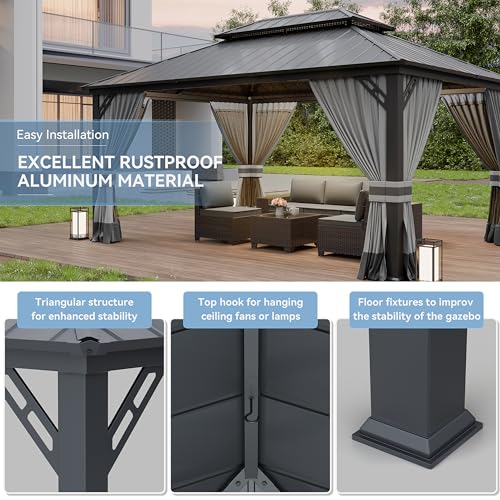 Kurapika 12' x 16' Hardtop Gazebo Outdoor Metal Pavilion with Canopy and Netting Gray