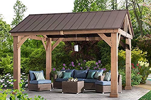 Sunjoy Coen L-GZ1171PWD-B Hudson Cedar Wood Pavilion with Hardtop Gazebo 14'x12' Natural/Brown
