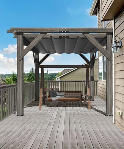 DEXSO 10' x 10' Cedar Wood Pergola with Retractable Shade Canopy Charcoal Gray