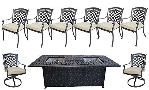 Sunvuepatio 9 Piece Outdoor Dining Set Elisabeth Cast Aluminum Fire Pit Table with Umbrella Hole Desert Bronze