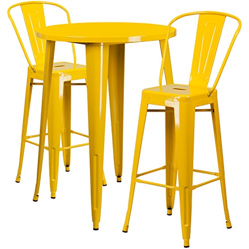 Flash Furniture 30" Round Yellow Metal Indoor-Outdoor Bar Table Set with 2 Cafe Stools