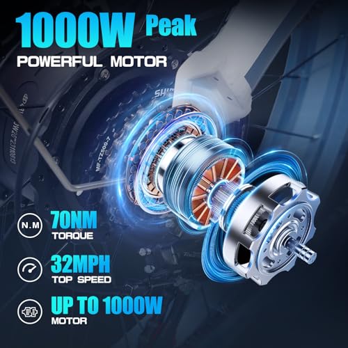 Tumotcy 1000W Electric Bike 52V 23Ah 7-Speed Fat Tire Dual Motor White