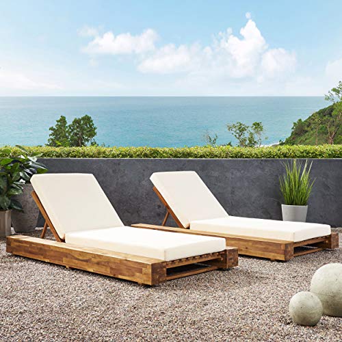 Great Deal Furniture GDFStudio Outdoor Acacia Wood Chaise Lounge Set of 2 Sandblast Teak Finish, Cream