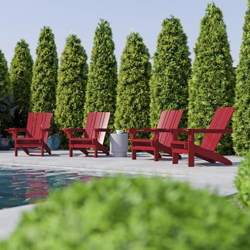 BizChair Adirondack Chairs Set of 4 with Cup Holders, Weather Resistant Poly Resin Red