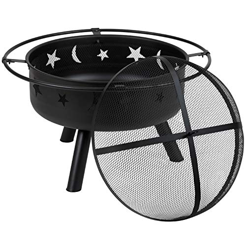 Merrick Lane Ayala Adirondack Chairs & Fire Pit - 4 Pack White Poly Resin Chairs with Black Star and Moon Fire Pit
