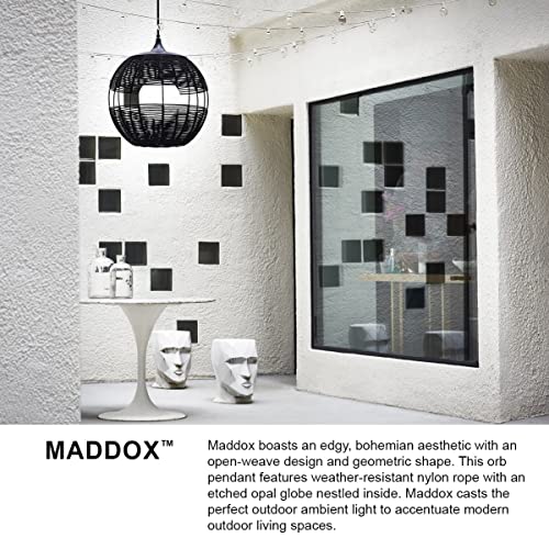 Hinkley Maddox Outdoor Large Bohemian Orb Pendant Light - Woven Weather-Resistant Nylon, Etched Opal Globe - Black