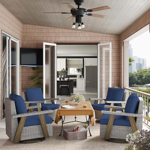 Yokayoay Wicker Patio Chairs Set of 4 Swivel Rocking with Thickened Cushions Grey/Blue