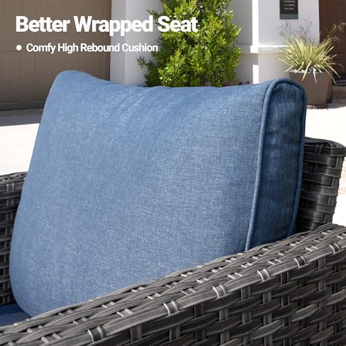 OvioS 5-Piece Patio Furniture Set Outdoor Wicker Rattan Sofa Couch with Chairs and Ottomans Denim Blue