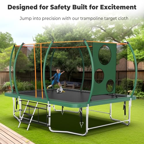 Lyromix 14FT Outdoor Rectangle Trampoline with Curved Poles, Light, Sprinkler & Soccer Set Field Green