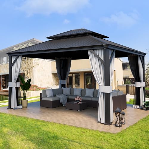 Pamapic 12'x14' Hardtop Gazebo with Netting and Curtains Black