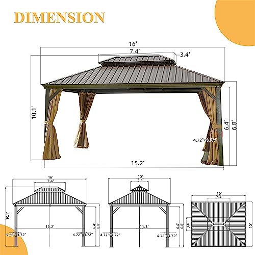LOPOO Hardtop Gazebo with Curtains & Netting - Aluminum Frame Pavilion with Steel Double Roof Canopy for Patio, Backyard, Lawn, Garden - Brown 12ft x 16ft
