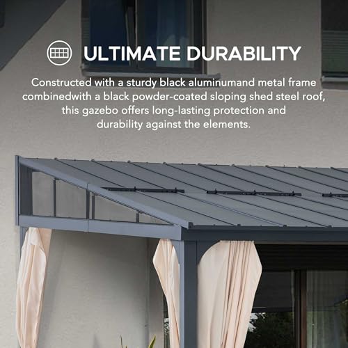 Sunjoy 12x14 ft Wall Mounted Gazebo with Powder Coated Steel Roof, Black Aluminum Frame, Curtains & Netting Black