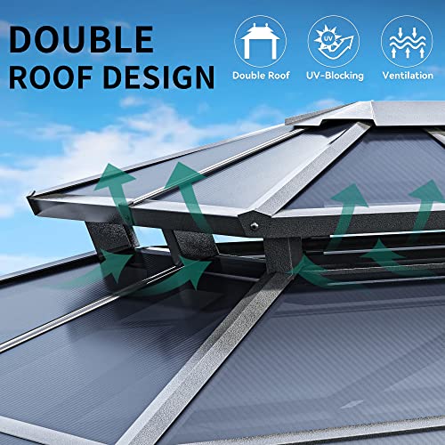 YITAHOME 10x12FT Hard-Top Double Roof Gazebo Canopy with Netting and Curtains Brown
