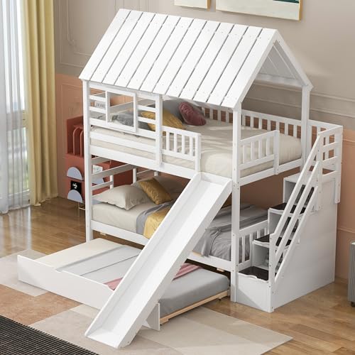 Polibi Twin-Over-Twin Bunk Bed with Storage, Trundle & Slide White