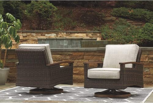 BOWERY HILL Transitional Swivel Patio Wicker Arm Chair Set of 2 Brown