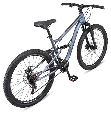 Mongoose Status Mountain Bike 26-Inch Wheels 21 Speed Trigger Shifters Aluminum Frame Dual Suspension Front and Rear Disc Brakes Slate Blue