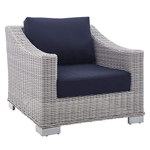 Modway Conway Sunbrella Outdoor Patio Wicker Rattan 2-Piece Armchair and Ottoman Set Light Gray Navy