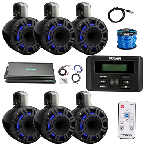 KICKER Marine Gauge Style USB Bluetooth AM/FM Receiver w/6-Channel Amplifier & 6x 6.5" 300W Peak Multicolor LED Tower Speakers Black