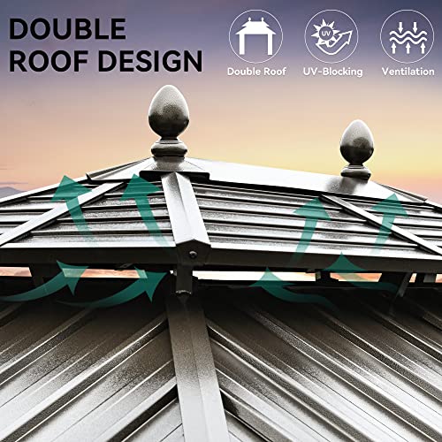 YITAHOME 10x12ft Hardtop Gazebo with Nettings & Curtains, Double Roof Galvanized Steel, Bronze
