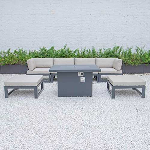 LeisureMod Chelsea Outdoor Patio 7-Piece Conversation Set with Fire Pit Table Beige