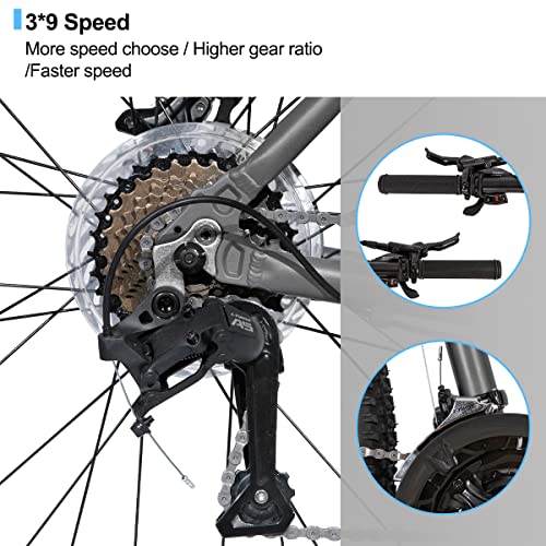 HH HILAND Hiland Aluminum Mountain Bike 27 Speeds, Hydraulic Disc-Brakes, Lock-Out Suspension Fork, 27.5 inch Wheel Gray&Blue