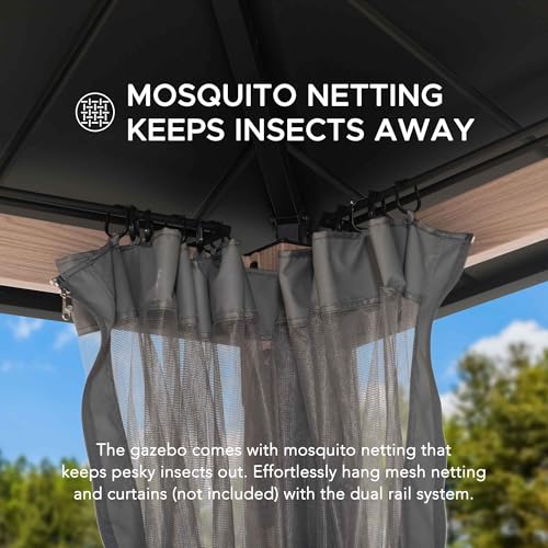 Sunjoy Hardtop Gazebo 10x12 ft with LED Lights, Remote Control & Netting Black