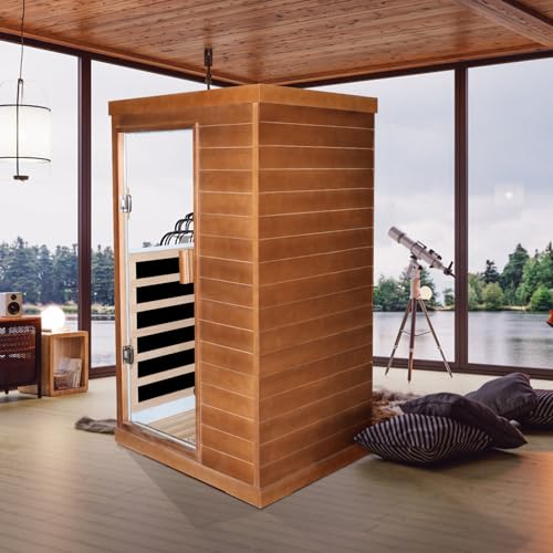OUTEXER Far Infrared Sauna Home Spa Low-EMF Canadian Hemlock Wood 800W Red 35.2*27.6*61.6Inch