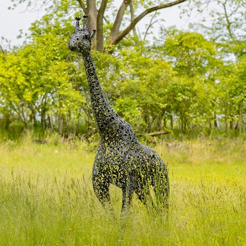 Zaer Ltd. 9 Ft Tall Mommy & 7 Ft Tall Baby Giraffe Iron Garden Statues Metallic Black and Silver
