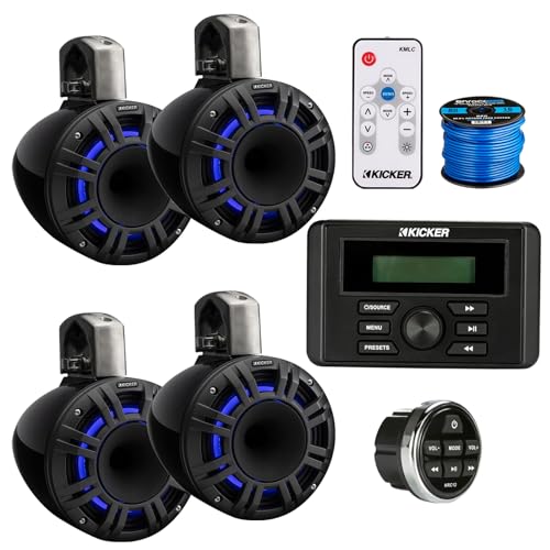 KICKER All-Weather Marine Gauge Style Bluetooth AM/FM Receiver with 4X 6.5" 300W Multicolor LED Speakers Black