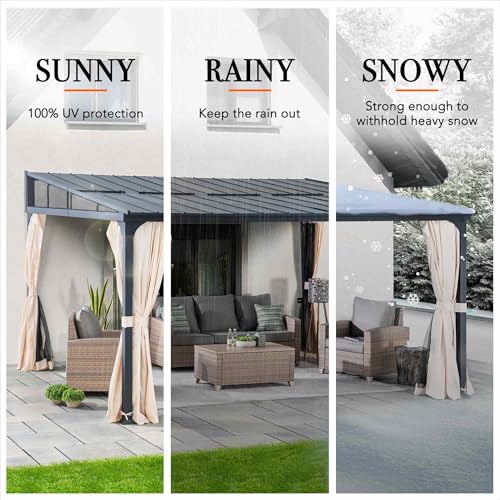 Sunjoy 12x14 ft Wall Mounted Gazebo with Powder Coated Steel Roof, Black Aluminum Frame, Curtains & Netting Black